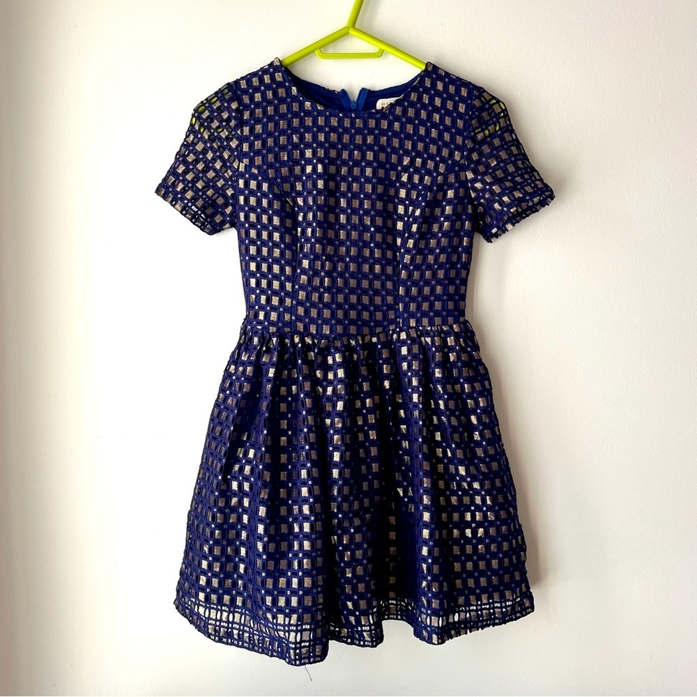Just Me Navy Blue Fit & Flare Dress | Size Small purple gold women’s party Y2K